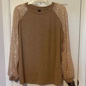 SHEIN Taupe Raglan Top with Sequin Knit Sleeves